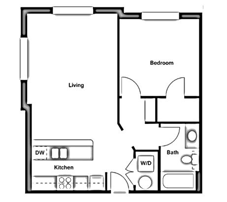 Floor plan for 1 bed, 1 bath, 678 sqft